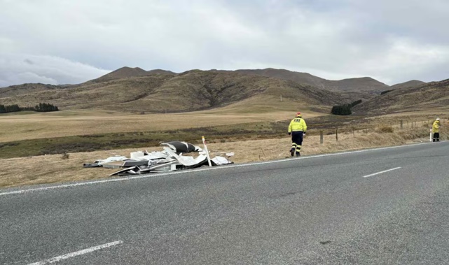 Emergency services rushed to a caravan obliterated by the high winds that have ripped through the Canterbury region today. Photo / Lake Tekapo Volunteer Fire Brigade