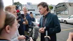 Newshub's Patrick Gower speaks to media following the confirmation of the broadcaster's closure. Photo / Alex Burton