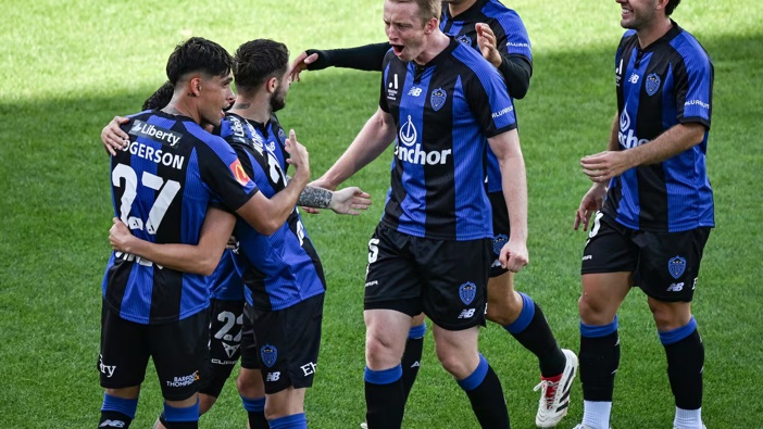 Auckland FC celebrate an early goal against Macarthur by Neyder Moreno. Photo / Photosport