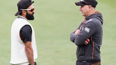 Black Caps spinner Ajaz Patel and coach Gary Stead. (Photo / Getty)