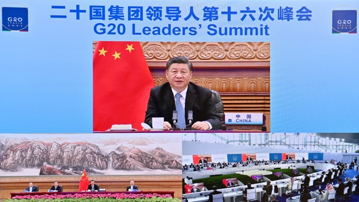 In this photo released by China's Xinhua News Agency, Chinese President Xi Jinping speaks via video link to leaders at the G20 Summit from Beijing, Sunday, Oct. 31, 2021. (Photo / AP)