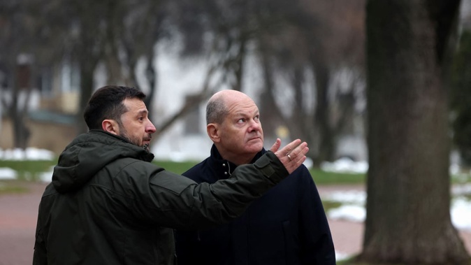 German Chancellor Olaf Scholz (right) listens to Ukrainian President Volodymyr Zelenskyy (left) during their meeting at Saint Sophia Cathedral in Kyiv on December 2, 2024, amid the Russian invasion of Ukraine. Photo / AFP