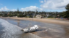 The beached his yacht on Mairangi Bay Beach. Photo / Jason Dorday
