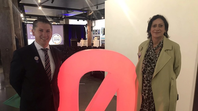 Transport Minister Michael Wood and Police Minister Poto Williams pose with one of the two 'road to zero' props. (Photo / Supplied)