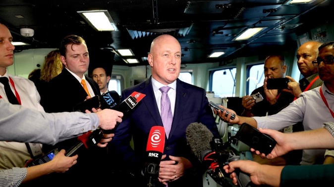 Prime Minister Christopher Luxon speaks to media while on board the NZDF's Te Kaha frigate docked in Mumbai, India. Photo / RNZ
