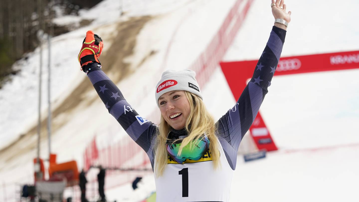 Mikaela Shiffrin celebrates her 82nd World Cup race, in Kranjska Gora, Slovenia. Photo / AP