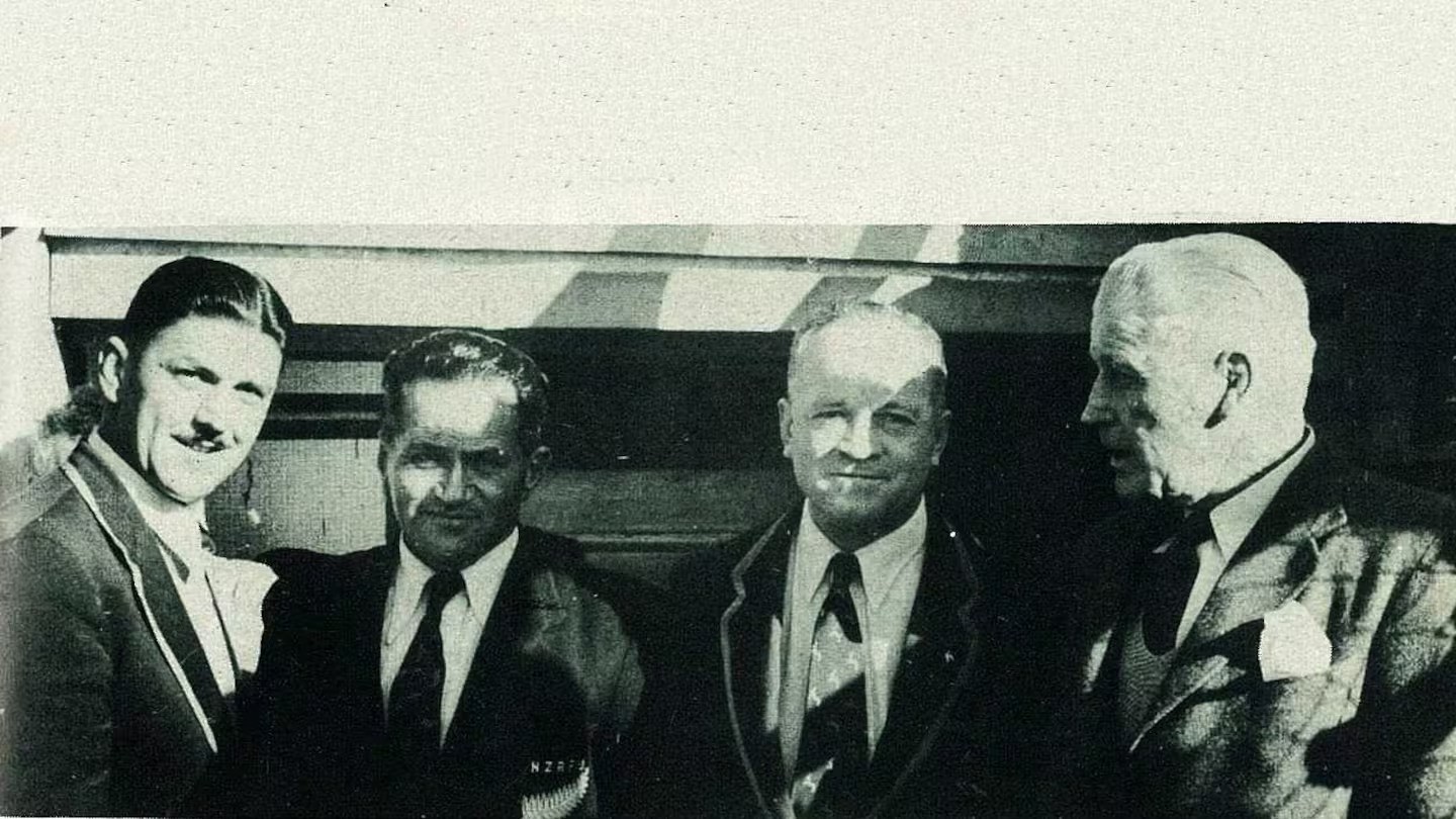 All Blacks legends from the 1924 Invincibles George Nepia (second from left) and Maurice Brownlie (far right) met 1956 Springboks captain (from left) Basie Vivers and team coach and Springbok great Danie Craven when the tourists were in Gisborne to play Poverty Bay-East Coast.