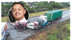 Caleb Baker (inset) died in the crash on the Hawke's Bay Expressway in February 2024. The main photo is from court documents supplied to the sentencing of Sarah Hope Schmidt in the Napier District Court in November 2024.