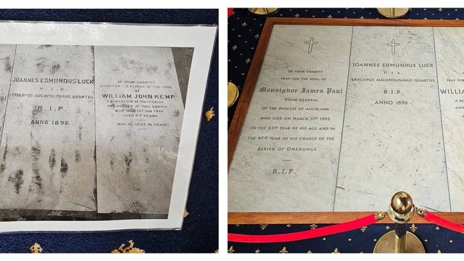 The three headstones pictured after they were discovered under Our Lady of Assumption Church in Onehunga. At left, before restoration and, at right, after. Photo / Vaughan Jacobsen