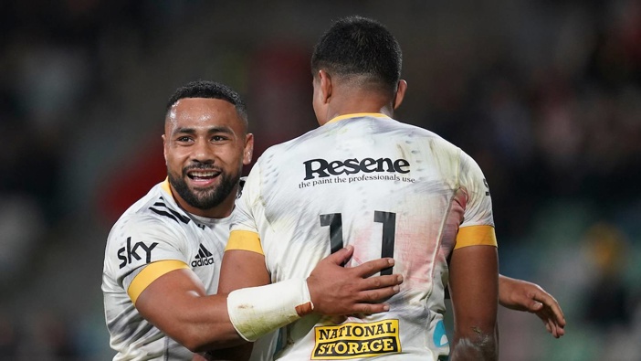 Hurricanes duo Ngani Laumape and Salesi Rayasi celebrate a try. (Photo / Photosport)