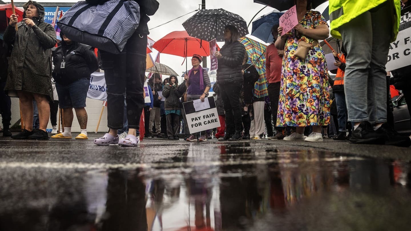 Protesters rally outside Minister Tama Potaka’s electorate office in Hamilton opposing the Government’s pay equity legislation. Photo / Mike Scott