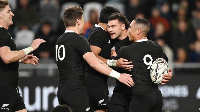 David Havili celebrates a try during the All Blacks win over Fiji. (Photo / Photosport)