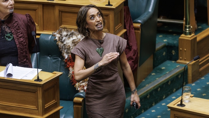 Te Pati Maori MP Oriini Kaipara performing a haka after her maiden speech in Parliament, Wellington, 09 October, 2025. Photo / Mark Mitchell