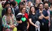L-R Green Party MP Huhana Lyndon, co leaders Marama Davidson and Chloe Swarbrick, MPs Ricardo Menendez March and Lawrence Xu-Nan at the 'March for Nature' in Aotea Square, Auckland. An estimated 20,000 people turned out to protest against the Coaliton Government's Fast-Track Approvals Bill. 8th June 2024, New Zealand Herald photograph by Sylvie Whinray