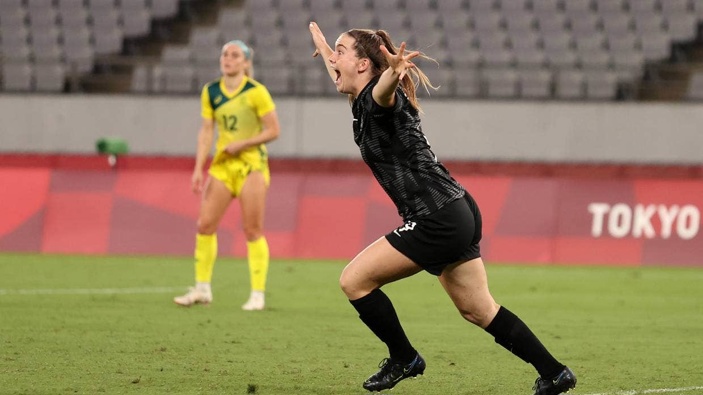 Gabi Rennie celebrates after scoring a late consolation goal in their opening game against Australia. Photo / Getty Images
