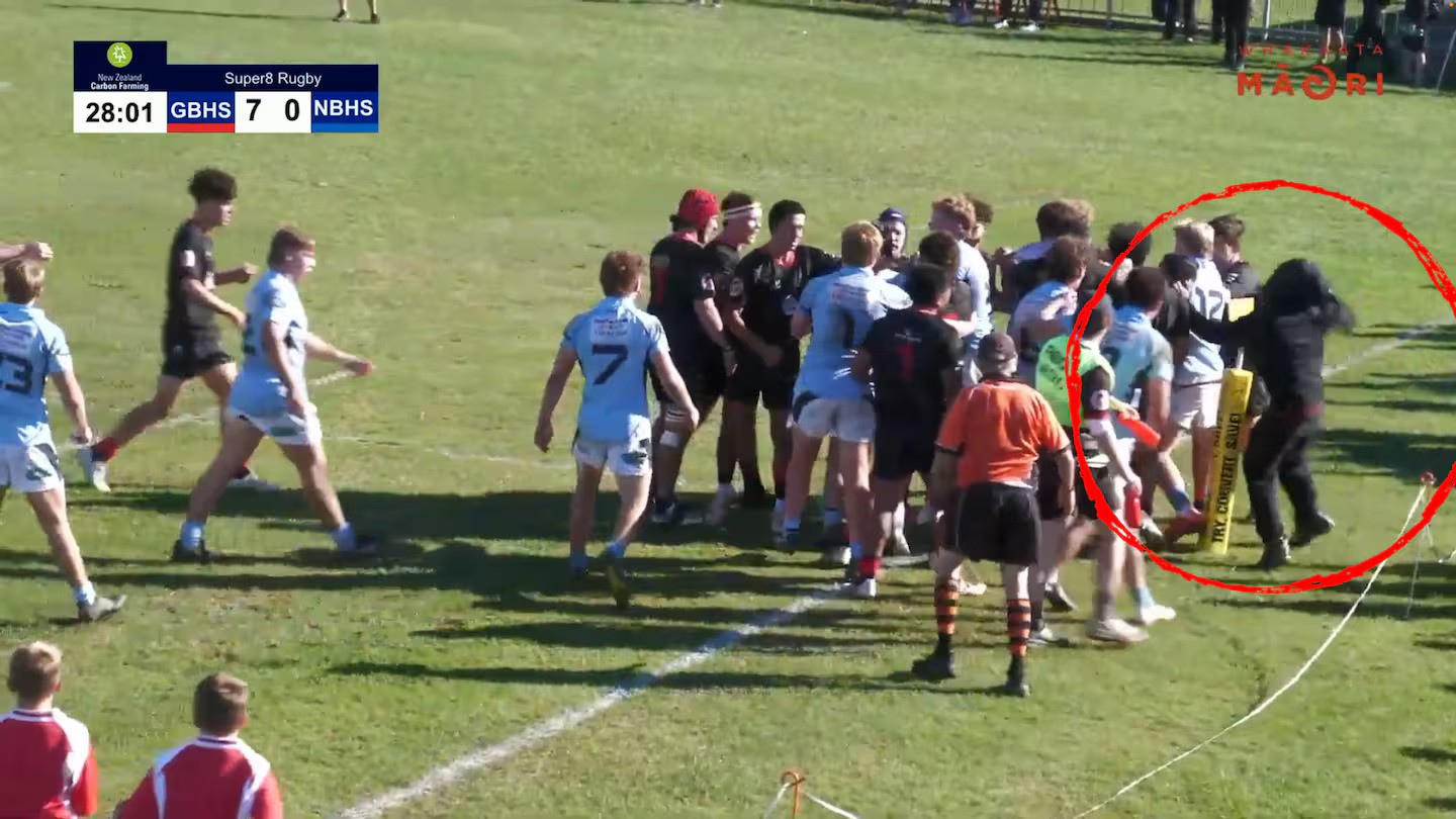 A hooded teen stormed the field during an altercation in a school rugby match and punched a player from Napier Boys' High School. Photo / Whakaata Māori