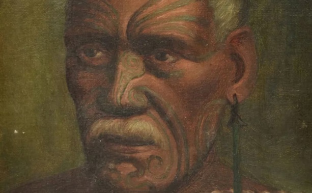 The portrait of a Māori man with a tā moko wearing a pounamu hei-tiki pendant was believed to have been painted in the 1930s or 1940s. Photo / Richard Winterton Auctioneers Ltd