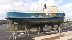The wreck of the Waitere, better known as the Blue Ferry, at Bay of Islands Boatyard in Ōpua. Photo / Peter de Graaf