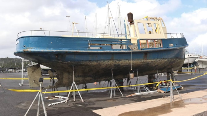 The wreck of the Waitere, better known as the Blue Ferry, at Bay of Islands Boatyard in Ōpua. Photo / Peter de Graaf