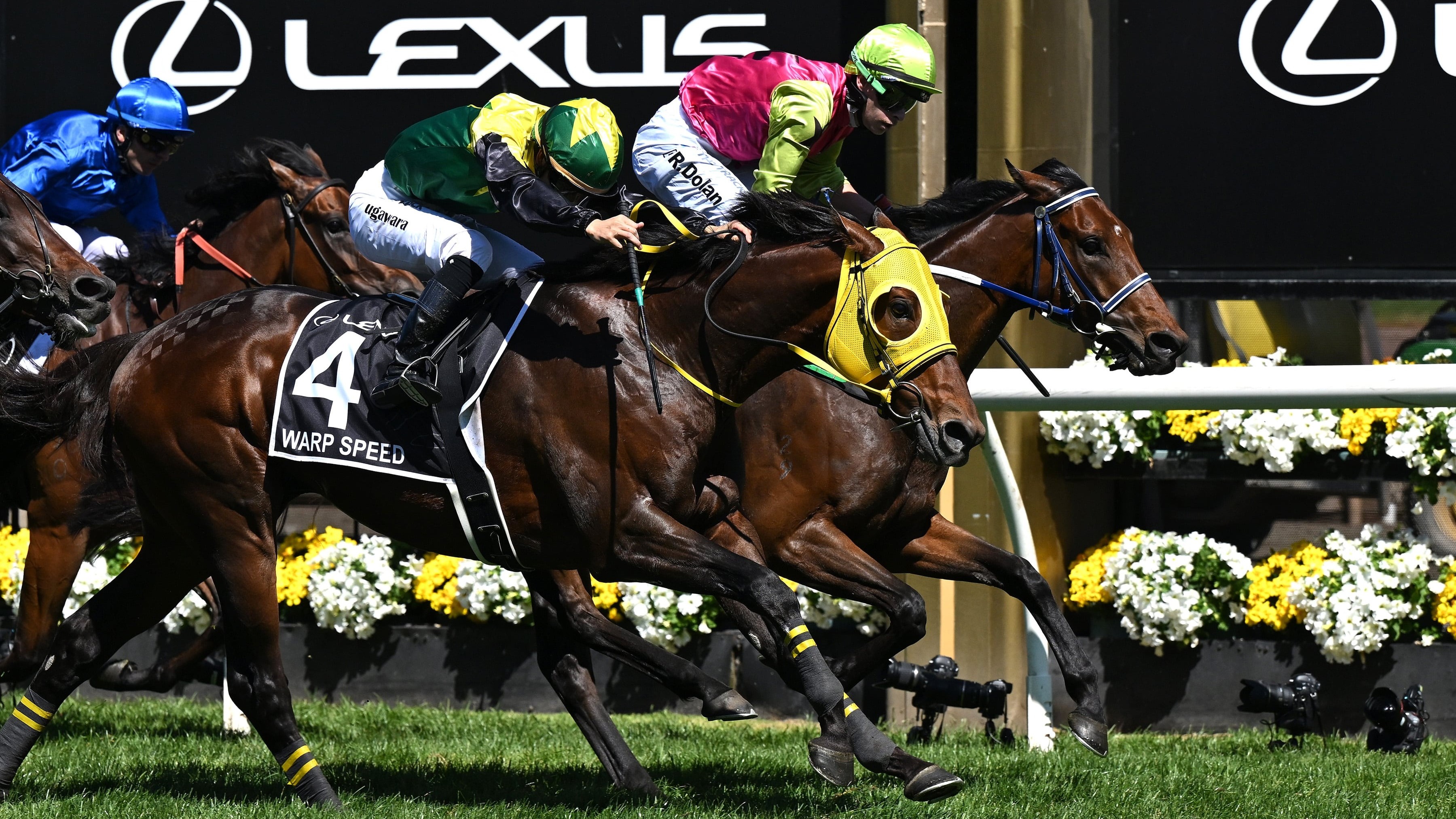 Jockey Robbie Dolan rides Knights Choice to victory ahead of Warp Speed in the the 2024 Melbourne Cup. Photo / Photosport