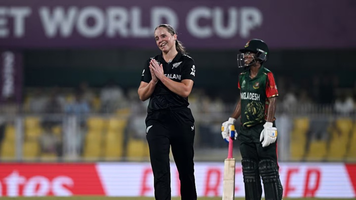 Jess Kerr of New Zealand celebrates after taking the wicket of Rabeya Khan of Bangladesh during the ICC Women's Cricket World Cup India 2025 match in Guwahati, India. Photo / Getty Images