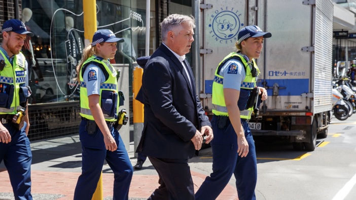Police Minister Mark Mitchell during his walkabout with a police beat section in Wellington. Photo / Mark Mitchell