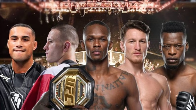 Left to right: Carlos Ulberg, Kai Kara-France, middleweight champ Israel Adesanya, Shane Young, Blood Diamond. Photo / File