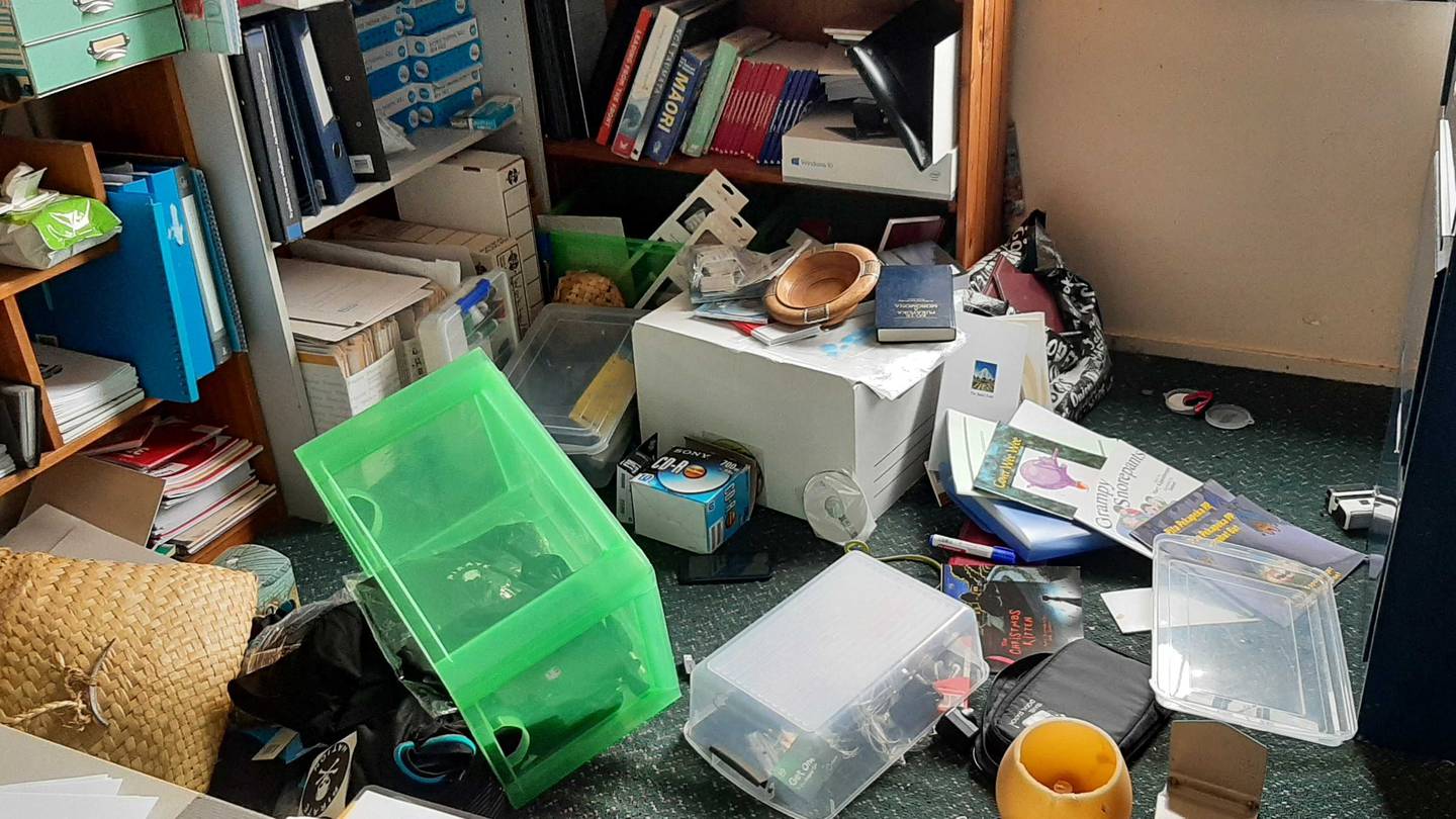 The contents of The Duke Hotel’s office shelves ended up on the floor as earthquakes and aftershocks shook the village on Wednesday. Photo / Rachel Wise