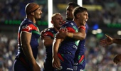 Chanel Harris-Tavita of the Warriors celebrates his try during the round one NRL match between New Zealand Warriors and Sydney Roosters at Go Media Stadium, on March 06, 2026, in Auckland, New Zealand. (Photo by Phil Walter/Getty Images)