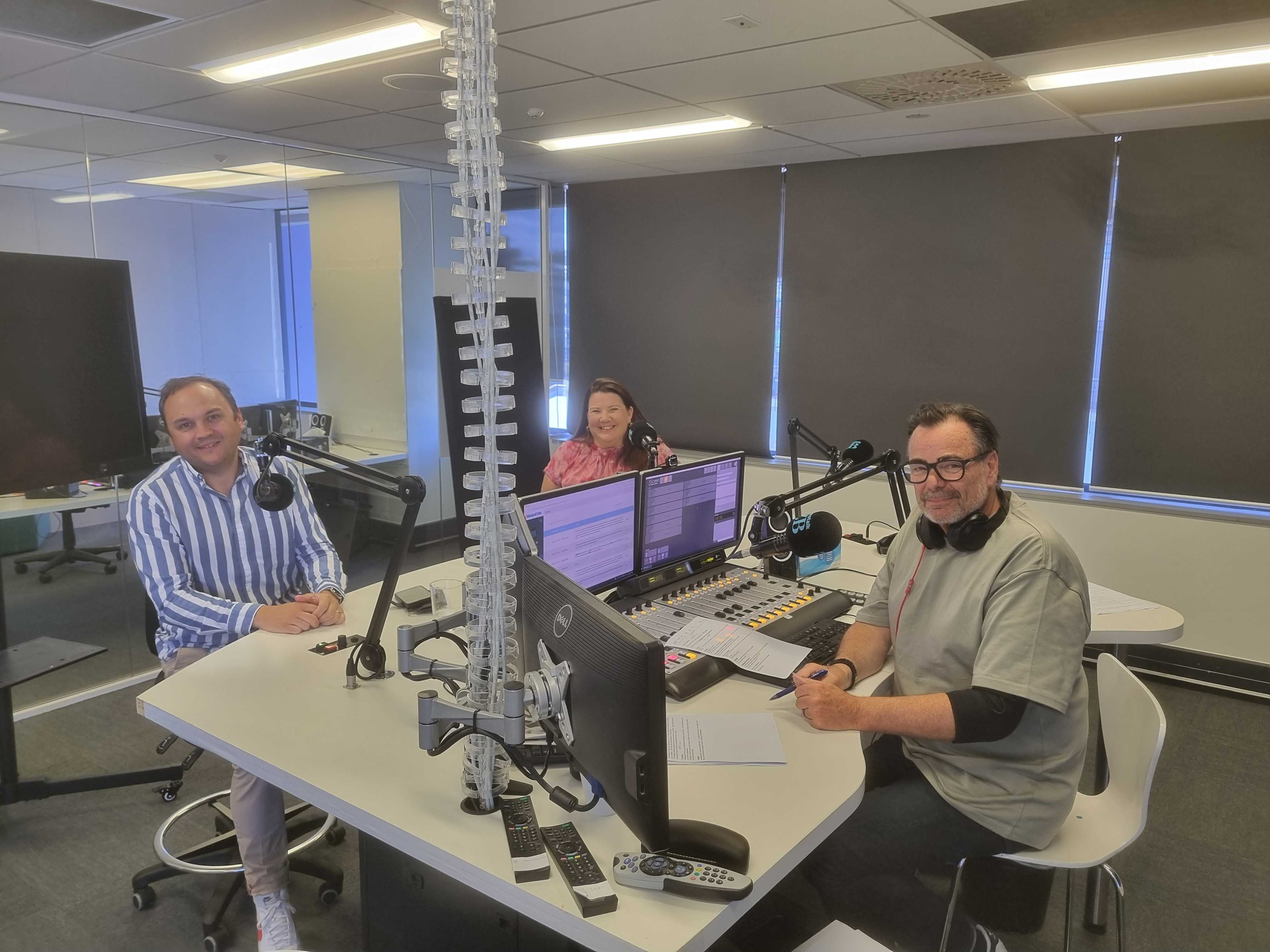 Nick Leggett and Brigitte Morten in the Newstalk ZB studio with Nick Mills