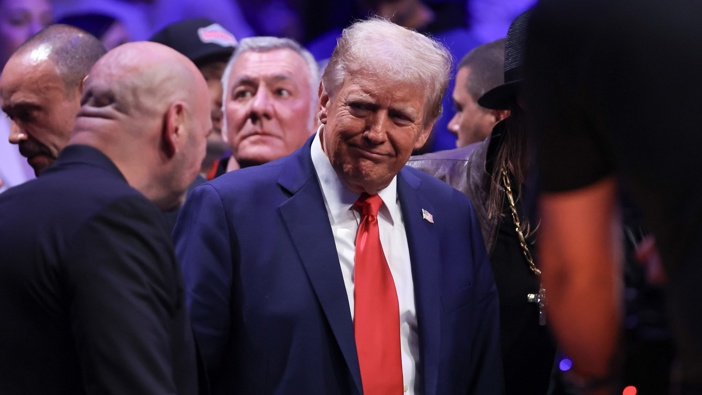 President-elect Donald Trump talks with Dana White during the UFC 309 event at Madison Square Garden on November 16, 2024 in New York City. (Photo by Sarah Stier/Getty Images)