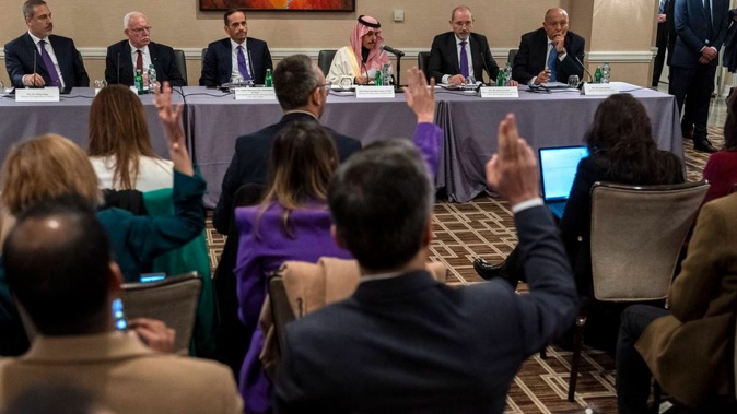 Turkish Foreign Minister Hakan Fidan, Palestinian Minister of Foreign Affairs Riyad al-Maliki, Qatari Prime Minister and Minister of Foreign Affairs Sheikh Mohammed bin Abdulrahman bin Jassim Al-Thani, Saudi Foreign Minister Prince Faisal bin Farhan, Jordan's Minister of Foreign Affairs Ayman Safadi, and Egyptian Foreign Affairs Minister Sameh Shoukry at a news conference in Washington DC. Photo / AP