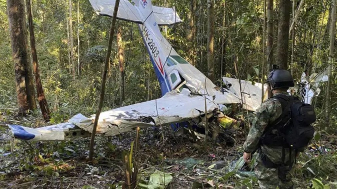 The wreckage of a Cessna C206 that crashed in the jungle of Solano in the Caqueta state of Colombia. Photo / AP