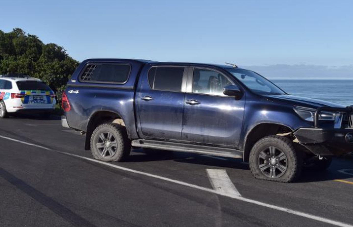 The ute allegedly involved in a burglary in Alexandra after it was spiked by police in John Wilson Ocean Dr in Dunedin on Tuesday. Photo / Supplied
