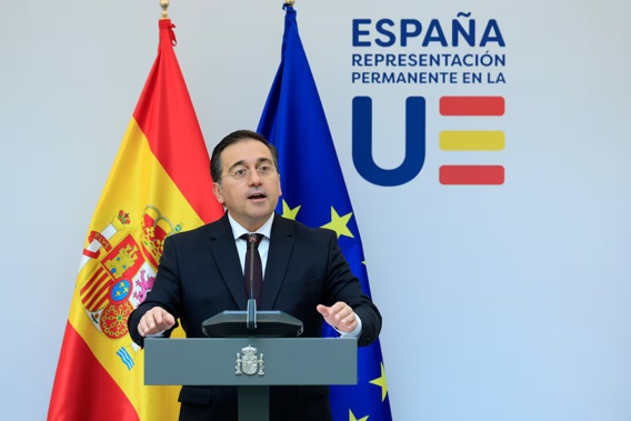 Spanish Foreign Minister Jose Manuel Albares Bueno addresses a media conference prior to talks on the Middle East in Brussels. Photo / AP