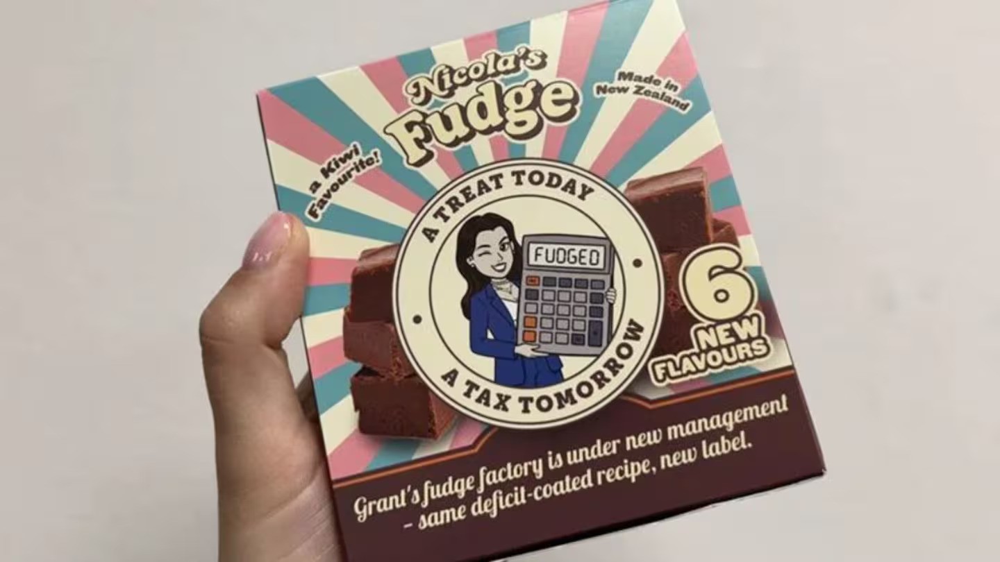 The Taxpayers' Union released "Nicola's Fudge", branded with an image of Nicola Willis. Photo / RNZ