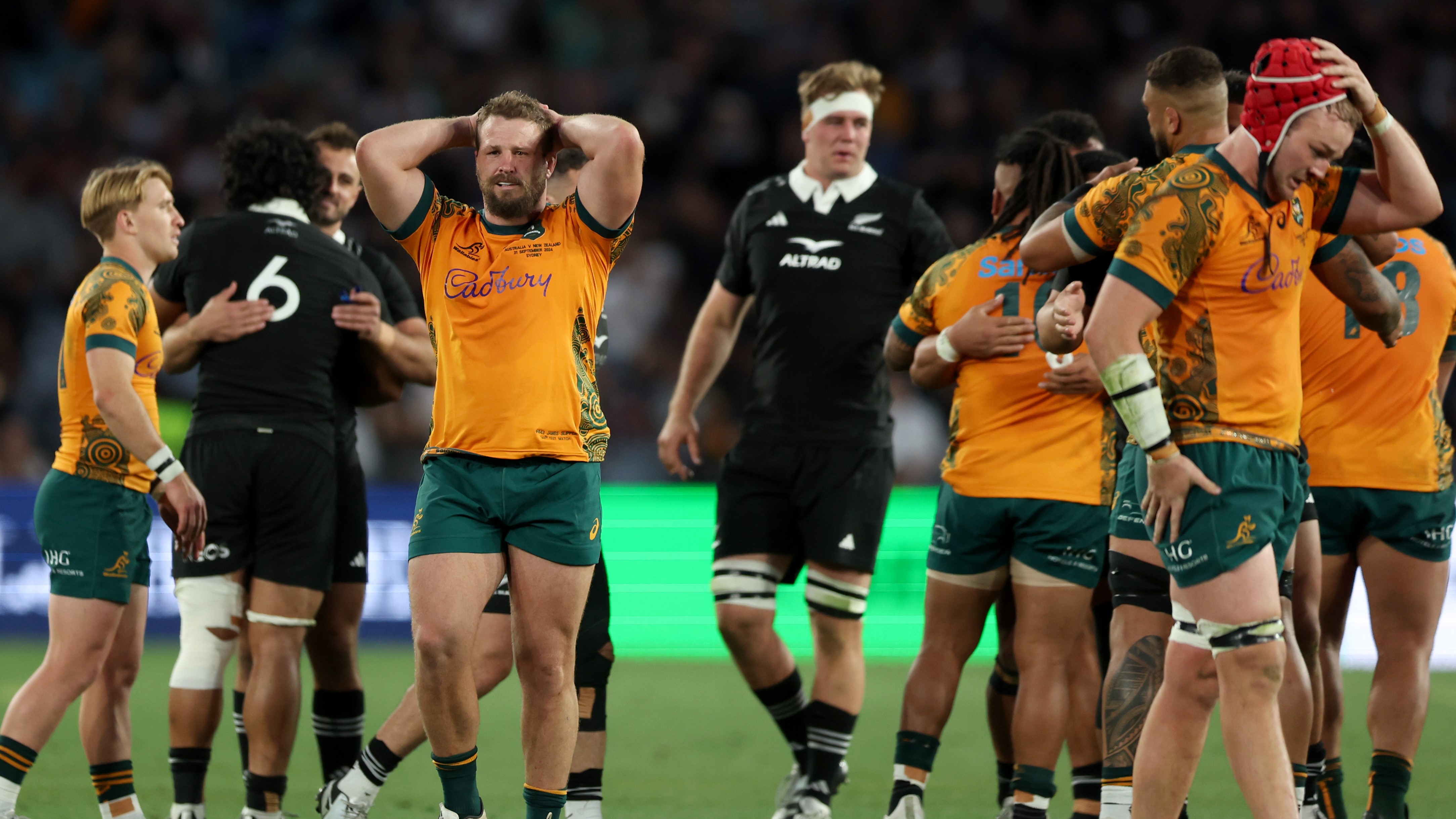 James Slipper of the Australian Wallabies reacts after losing The Rugby Championship & Bledisloe Cup match between Australia Wallabies and New Zealand All Blacks at Accor Stadium on September 21, 2024 in Sydney, Australia. (Photo by Mark Metcalfe/Getty Images)