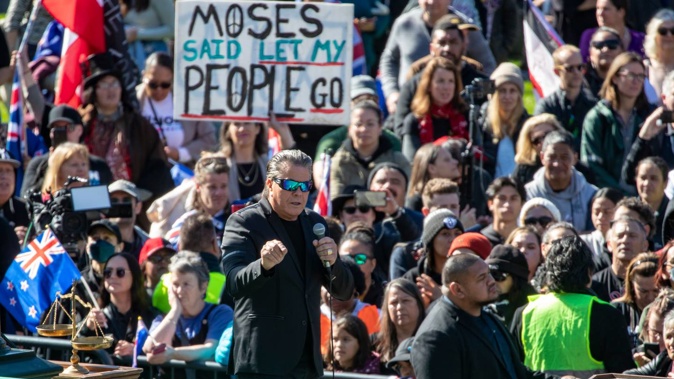 Brian Tamaki during his speech to his followers during the Freedom and Rights Coalition protest at Parliament. Photo / Mark Mitchell
