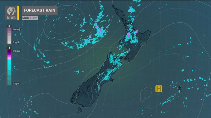 NIWA Weather forecast shows periods of rain forecast nationwide on Monday morning. Photo / Niwa