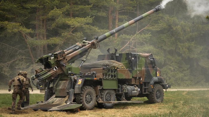French soldiers fire a French-made CAESAR self-propelled howitzer during the Spring Storm 2023 military drills, the largest annual exercise of Estonian Defence Forces, near Tapa, Estonia on May 25, 2023. Photo / AP