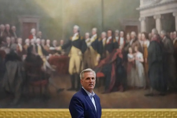 Speaker of the House Kevin McCarthy, R-Calif., walks in the Capitol Rotunda on Capitol Hill in Washington, Sunday, May 21, 2023. (AP Photo/Patrick Semansky)
