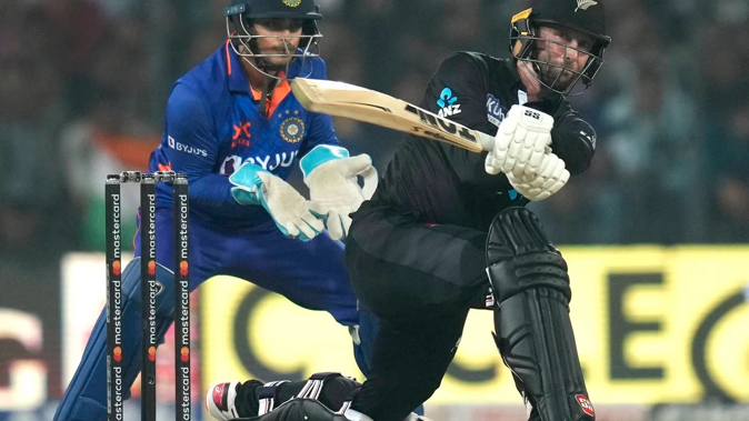 New Zealand's Devon Conway plays a shot during the third one-day international cricket match between India and New Zealand. Photo / AP
