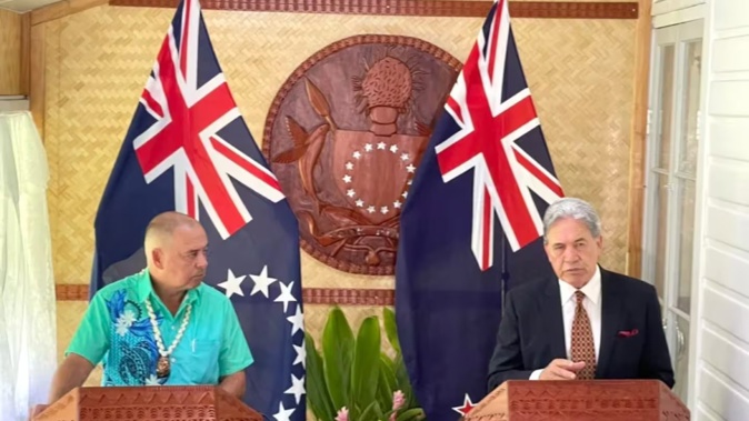 Cook Islands Prime Minister Mark Brown (left) and Foreign Affairs Minister and Deputy Prime Minister Winston Peters in Rarotonga. Photo / RNZ Pacific, Eleisha Foon