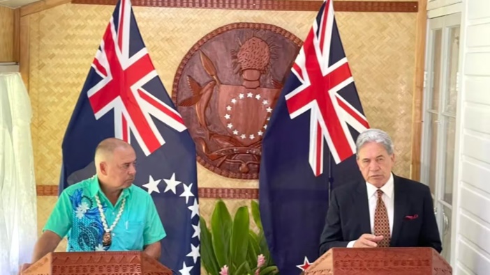 Cook Islands Prime Minister Mark Brown (left) and Foreign Affairs Minister and Deputy Prime Minister Winston Peters in Rarotonga. Photo / RNZ Pacific, Eleisha Foon