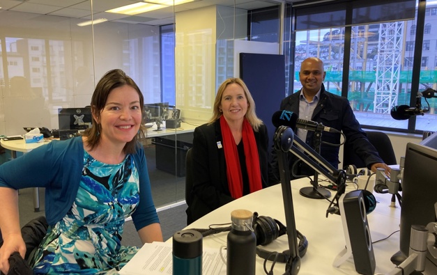 The Green's Julie Anne Genter, Labour's Fleur Fitzsimons and National's Karuna Muthu. Image / Newstalk ZB