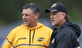 Assistant coaches Jason Holland (L) and Cory Jane talk during a Hurricanes Super Rugby training session at NZCIS on January 16, 2026 in Wellington, New Zealand. (Photo by Hagen Hopkins/Getty Images)