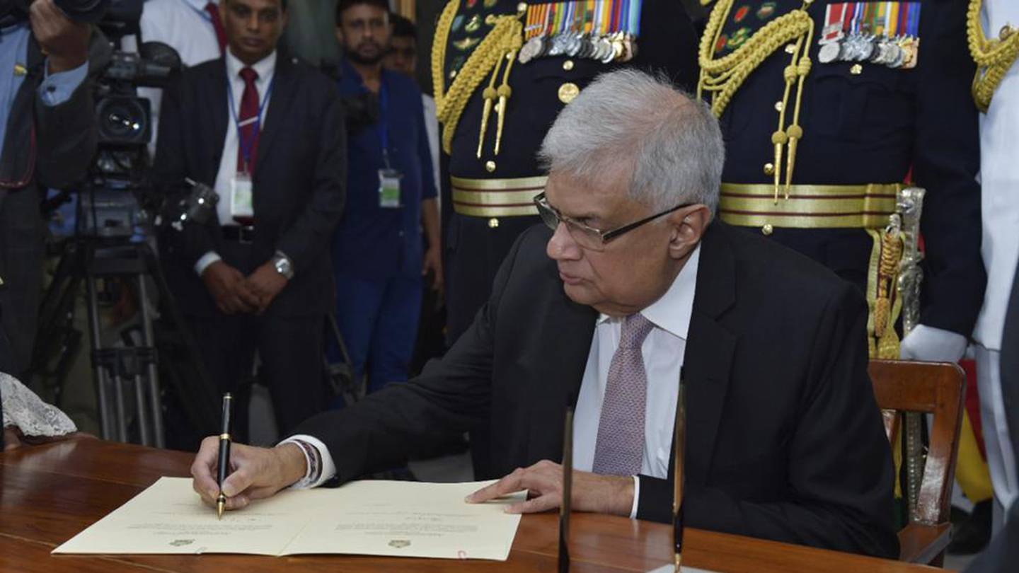 Sri Lanka's newly elected president Ranil Wickremesinghe after taking oath during his swearing in ceremony in Colombo, Sri Lanka. Photo / AP