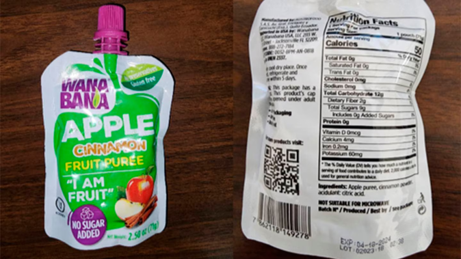 This photo provided by the US Food and Drug Administration shows a WanaBana apple cinnamon fruit puree pouch. Photo / AP