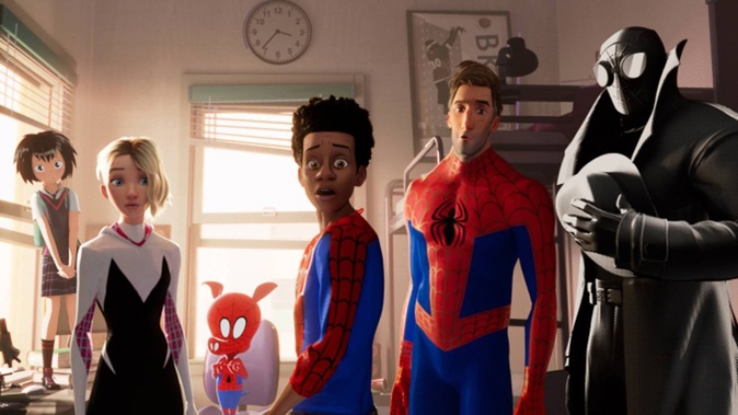 Peni (Kimiko Glen), Spider-Gwen (Hailee Steinfeld), Spider-Ham (John Mulaney), Miles Morales (Shameik Moore), Peter Parker (Jake Johnson), Spider-Man Noir (Nicolas Cage) in Spider-Man: Into the Spider-Verse. Photo / Columbia pictures