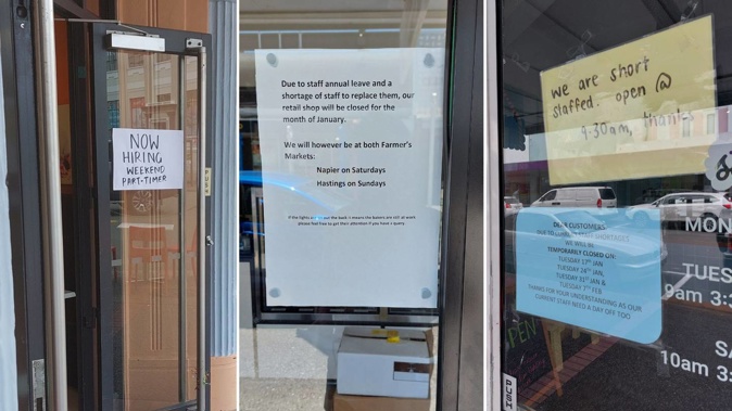 Temporary closure and staff wanted signs in Napier shops. Photo / NZME